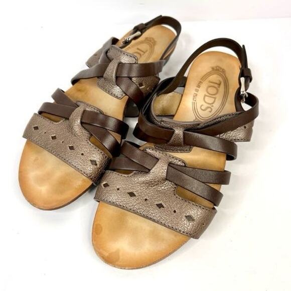 Tod's Brown and Gold Leather Flat Sandals Size 5 (EU 35.5) with Dust Bag - Picture 1 of 8